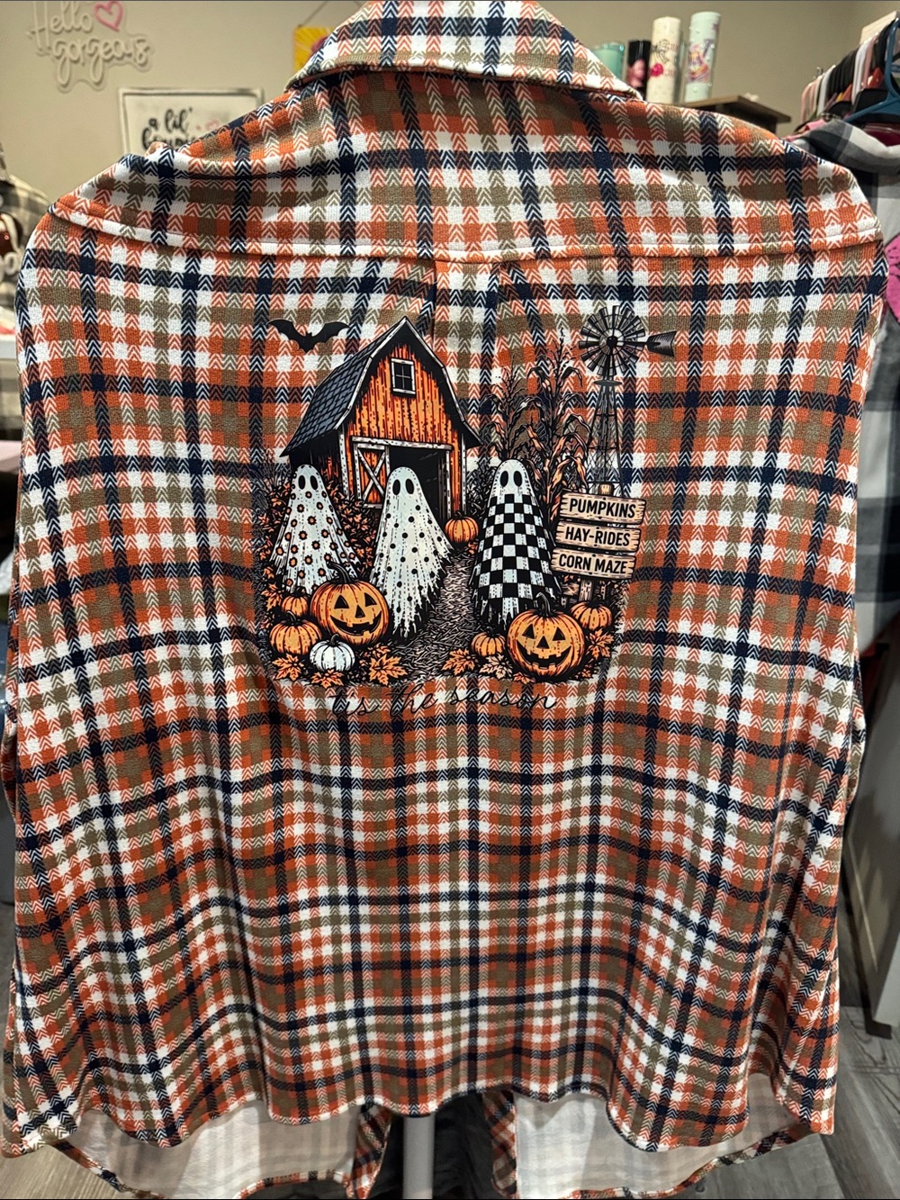 Kids Orange Plaid Halloween Flannel Shirt - Ghost Pumpkin Barn Graphic